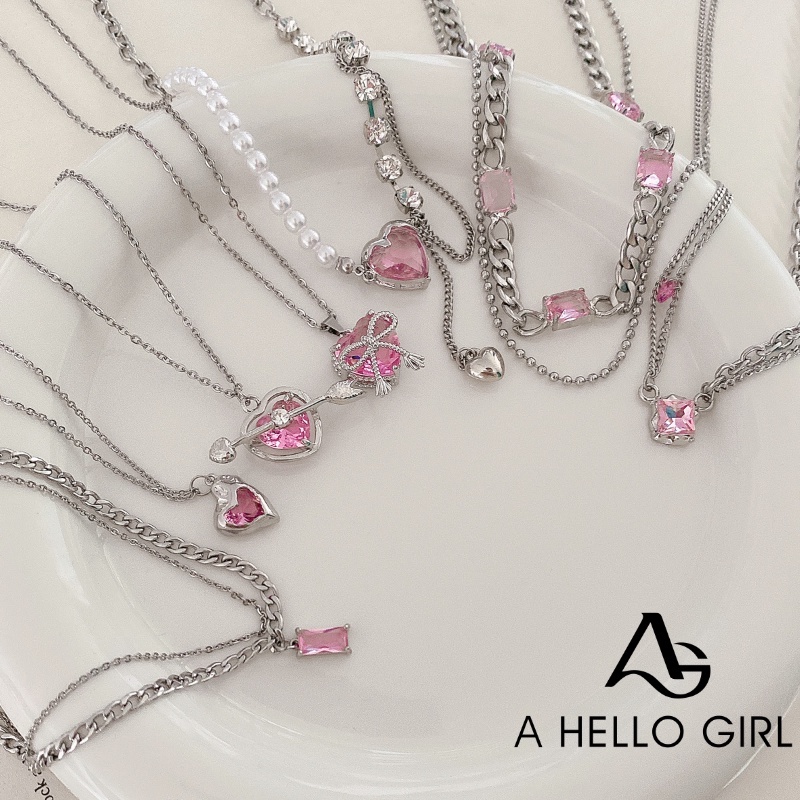 Kalung Liontin Hati Bahan Zirkon Warna Pink Gaya Korea Untuk Wanita
