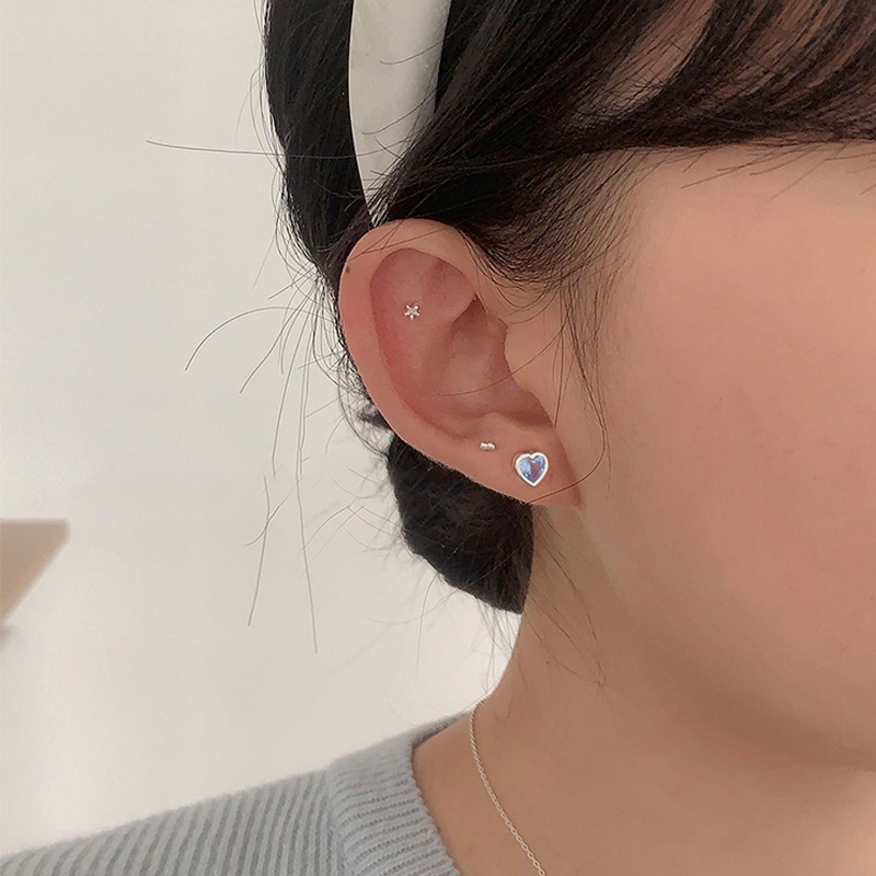 Papaozhu Chic S925 Perak Bersinar Pink Biru Zirkon Jantung Manik Stud Anting-Anting Untuk Wanita Perempuan Mewah Berkilau Kristal Peach Jantung Anting-Anting Manis Telinga Aksesoris