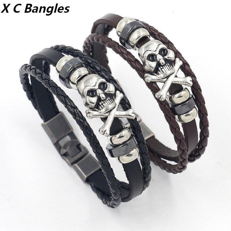 [X C Gelang] Baru Tengkorak Kepala Gesper Gelang Kulit Hitam Vintage Hip Hop Punk Gelang Kulit Lengan Manik-Manik Multilayer Zinc Alloy Anyaman Gelang