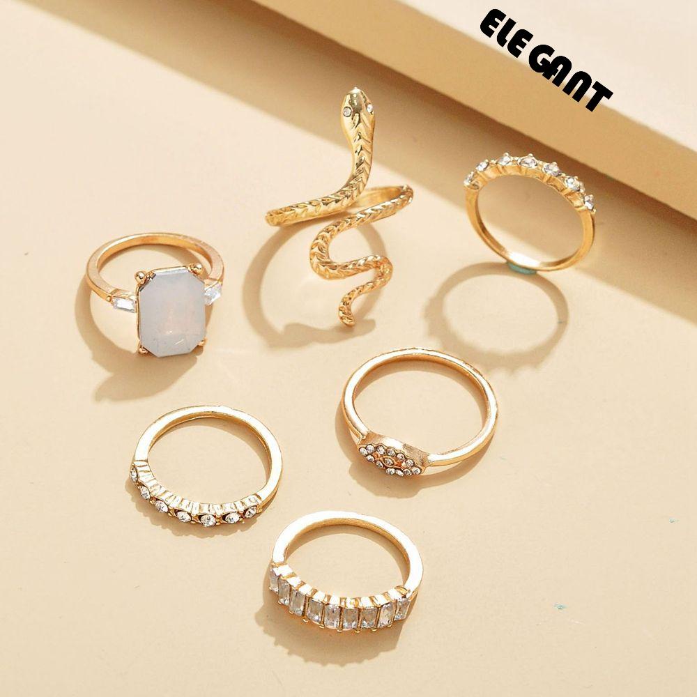 [Elegan] Set Cincin Ular Geometris Gotik Adjustable Emerald Zircon Knuckle Ring Vintage Hijau Berlian Imitasi Alloy Kristal Gaya Korea Jari Cincin