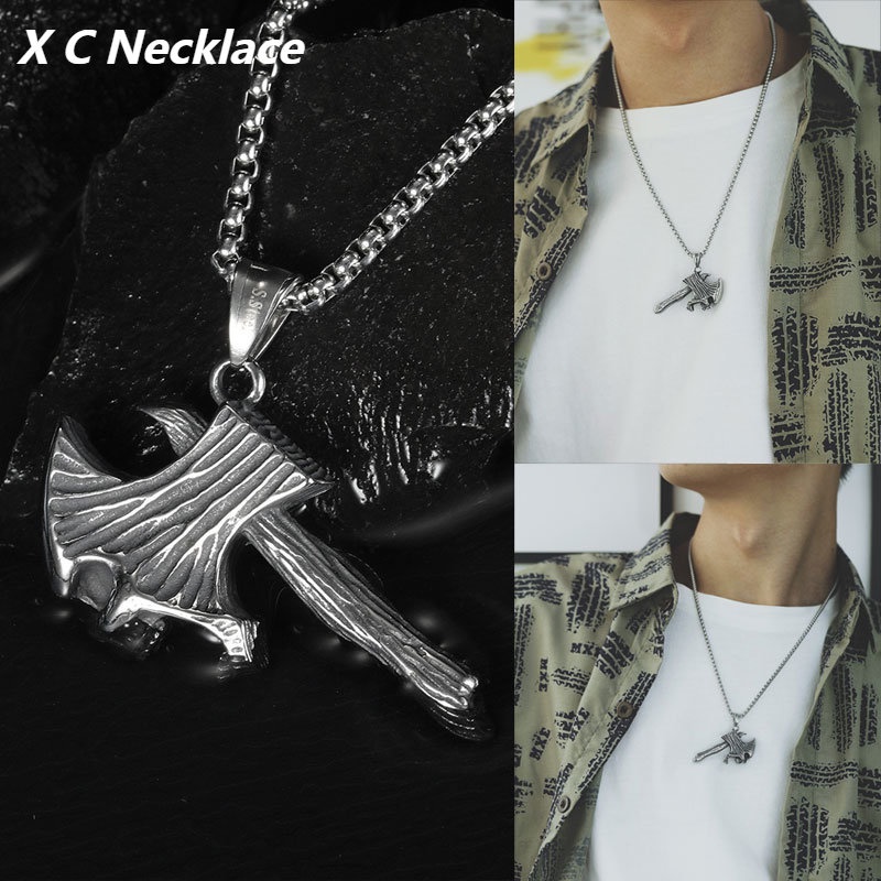 [X C Kalung] Baru Silvery Retro Ghost Axe Skeleton Battle Axe Titanium Steel Liontin Punk Hip Hop Stainless Steel Kalung Hadiah Pesta Ulang Tahun Untuk Pria Dan Wanita