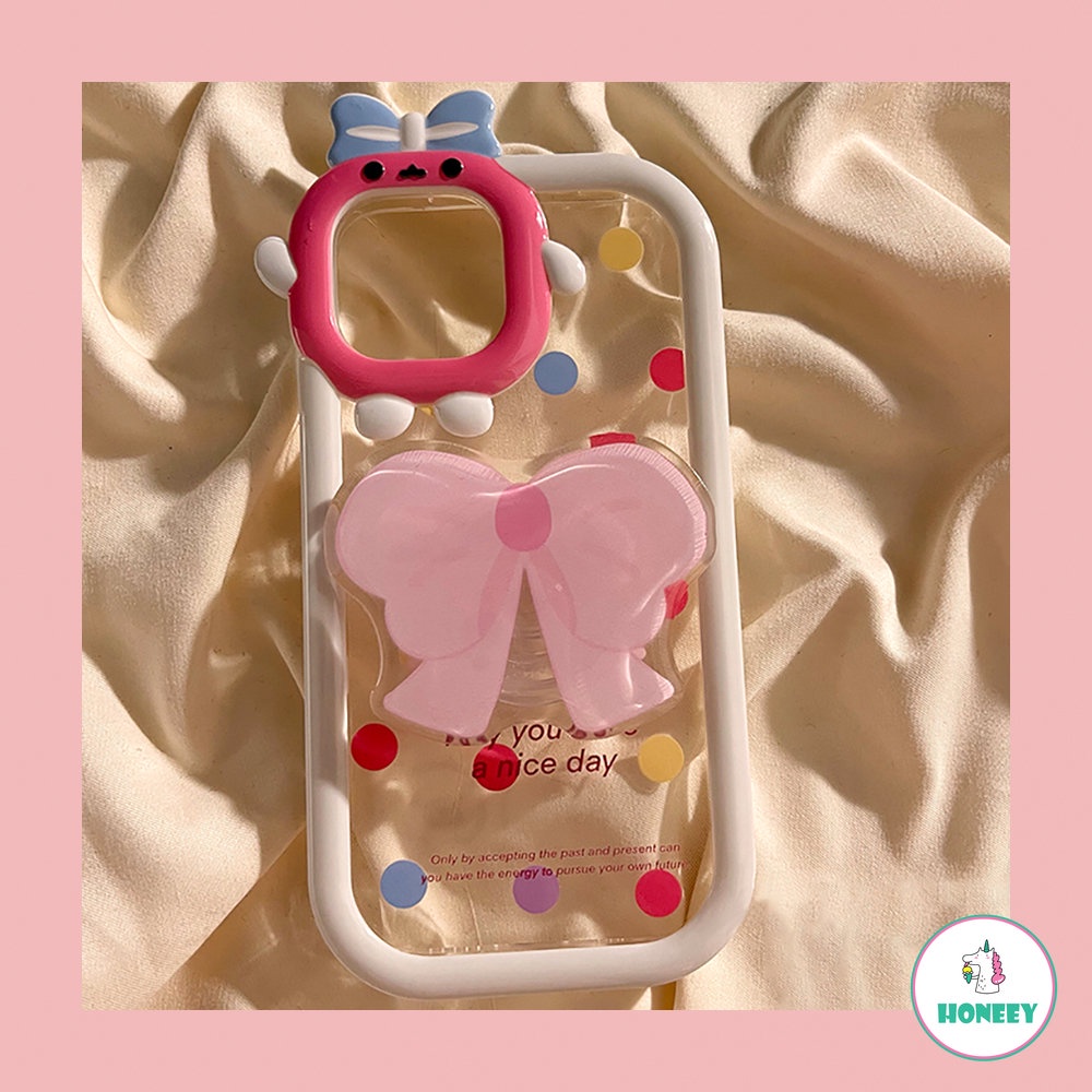 IPHONE 3d Lovely Bow Kamera Ring Handphone Case Untuk Iphone11 14 13 12 Pro Max 14plus Cute Polkadot Armor Back Cover