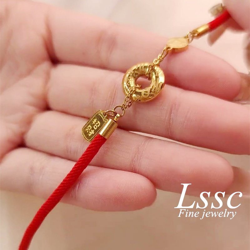 Gelang Tali Titanium Wanita Anti Karat Emas 18K Bulat Merah Keberuntungan Aksesoris Perhiasan