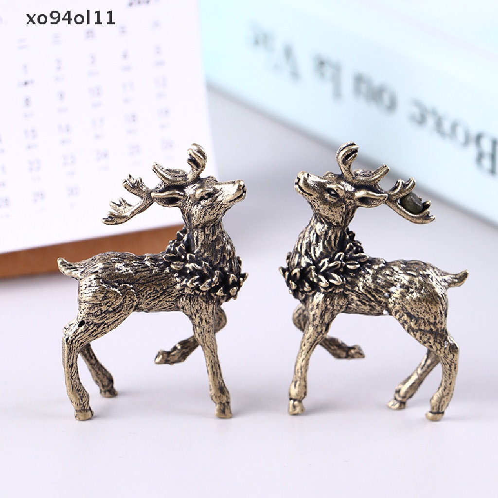 Xo 2PCS Ornamen Patung Rusa Tembaga Murni Patung Miniatur Rusa Kuningan Solid OL