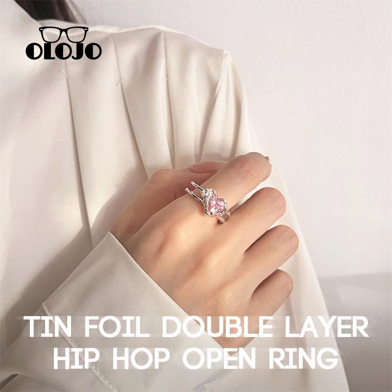 【COD】 Manis Keren Cinta Zirkon Cincin Wanita Fashion Timah Foil Tekstur Lapisan Ganda Hip Hop Terbuka Cincin