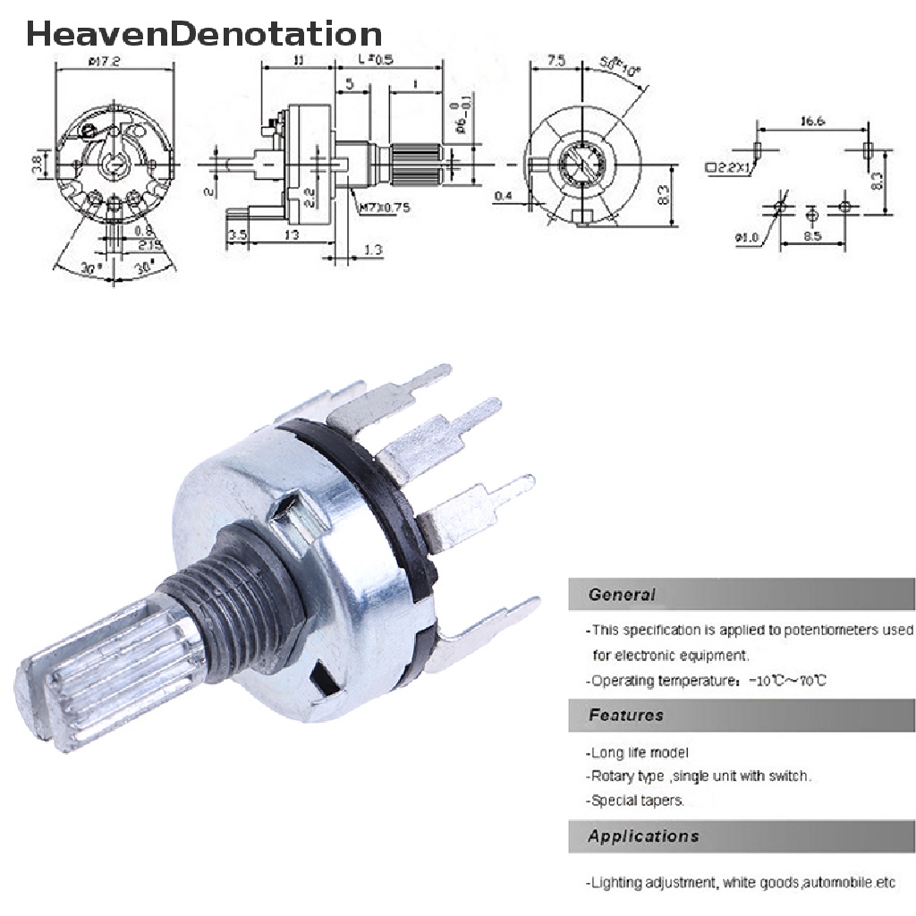 [HeavenDenotation] 5pcs RV17 Dengan Potensio Saklar B1K 2K 5K 10K 20K 50K Handle Panjang 15mm 5Pin Switch Karbon Film Potensiometer HDV