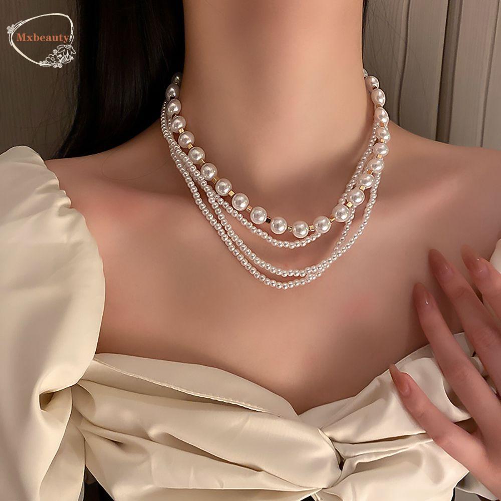 Mxbeauty Kalung Mutiara Temperamen Elegan Gaya Keren Multilayer Wanita Choker Alloy Gaya Korea Kalung