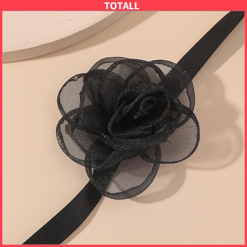 COD Waktu Seksi Choker Kerah Perhiasan Retro-Hitam Renda Camellia Kalung Pesta Makan Malam Neck-Band Wanita Fashion Adjustable Neckl-Totall