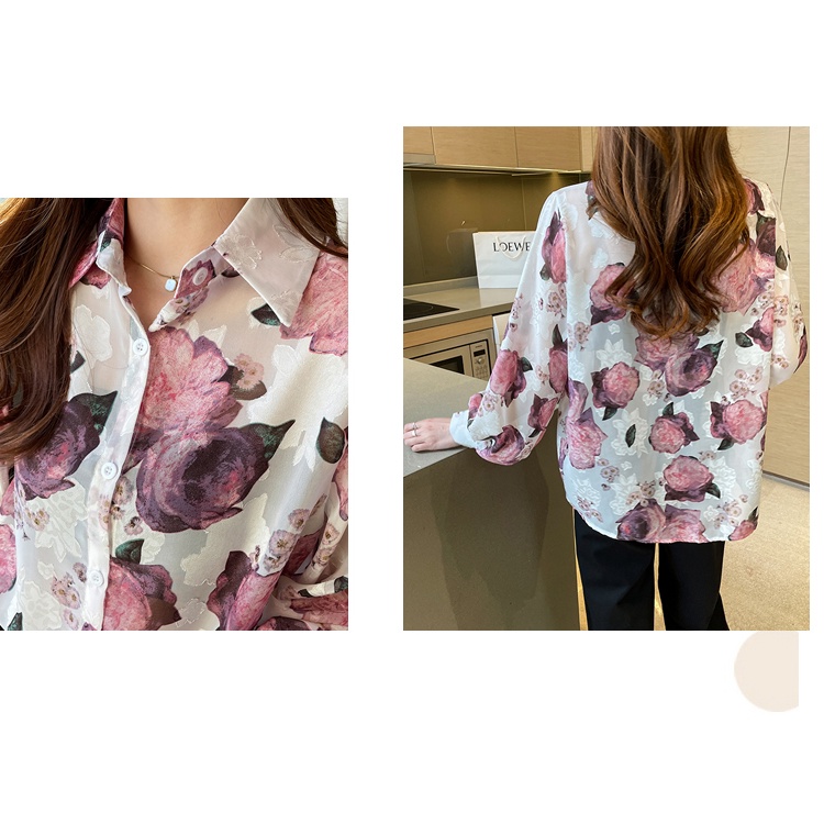 2023 New Fashion Korea Kemeja Wanita Lengan Panjang Cetakan Bunga Merah Muda Kasual Atasan Pesta Kerja Women Long-sleeved Shirt