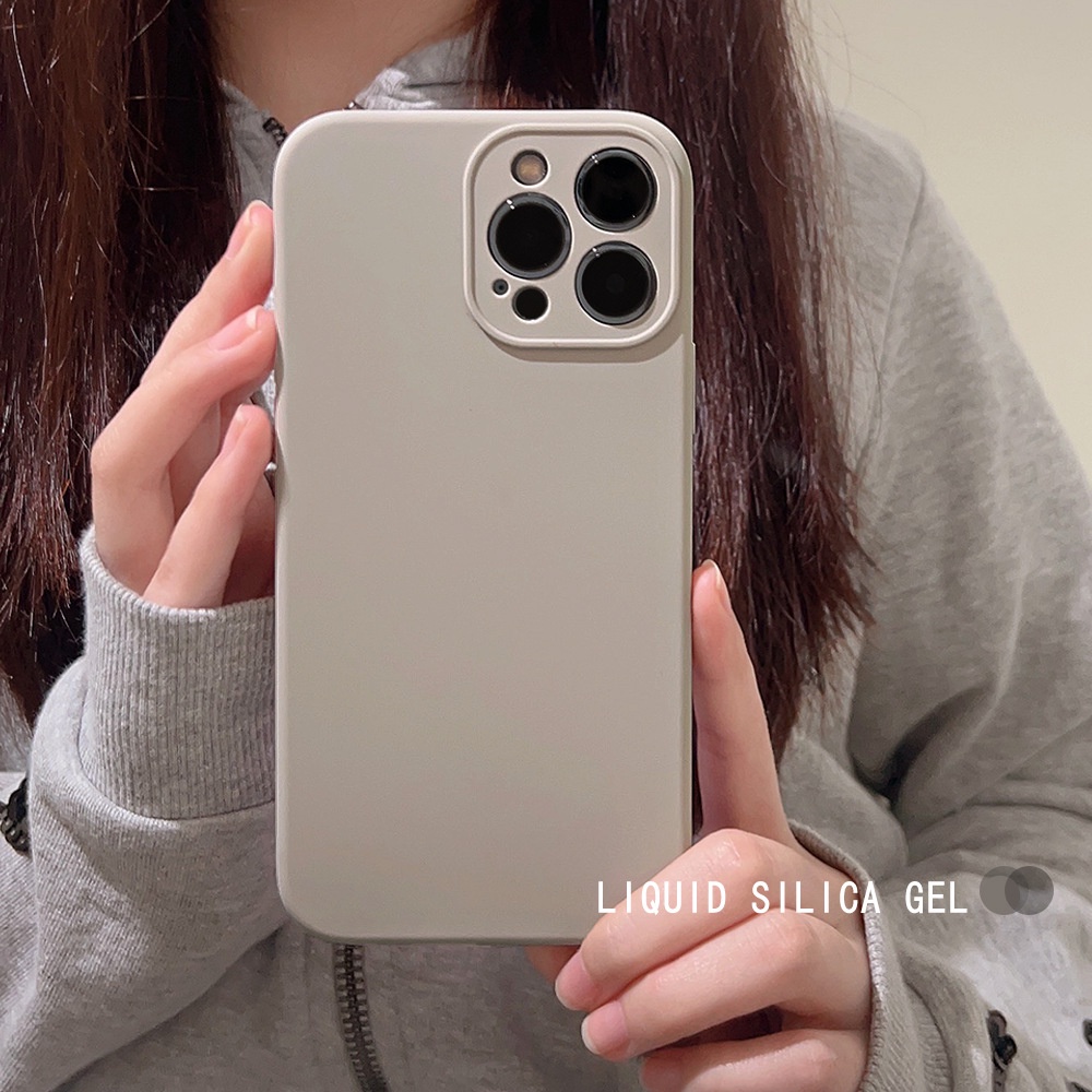 IPHONE Inner Flanel Warna Solid Abu-Abu Lembut Cair Silikon Ponsel Case Cover Untuk Iphone11 12 13 14 PLUS PRO MAX Perlindungan Penuh Shell