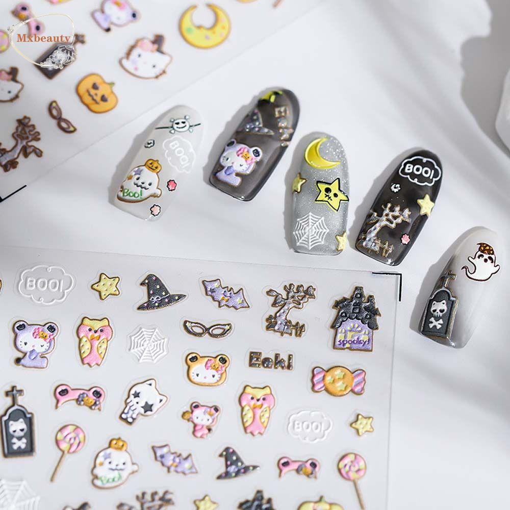 Mxbeauty Halloween Stiker Kuku Wanita Fashion Kitty Kucing Zombie Hantu Spider Nail Art Dekorasi