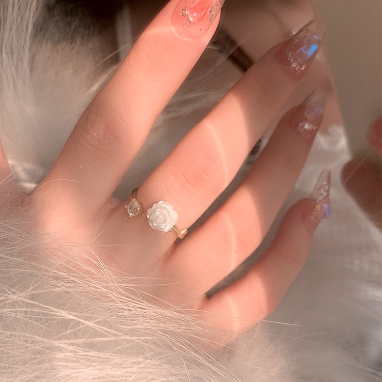 Cincin Emas Bunga Camelia Untuk Wanita Zirkon Daun Terbuka Rings Aksesoris Fashion Perhiasan