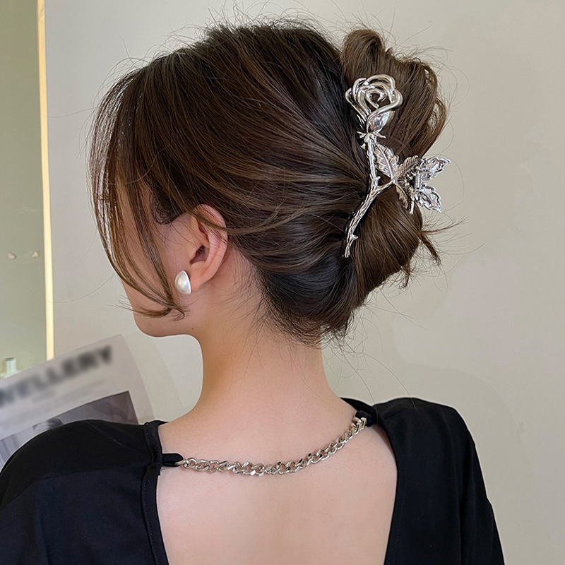 Woman Large Metal Rose Floral Leaf Hair Claw/Ladies Vintage Ponytail Hiu Klip/Aksesoris Rambut Fashion