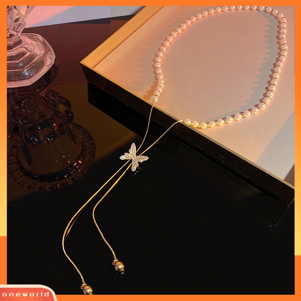 [ONE] Fashion Kalung Pengerjaan Halus Desain Rumbai Kupu-Kupu Eye-catching Finishing Terang Tidak Luntur Dekorasi Tahan Lama Wanita Mutiara Imitasi Kalung Perhiasan Aksesori