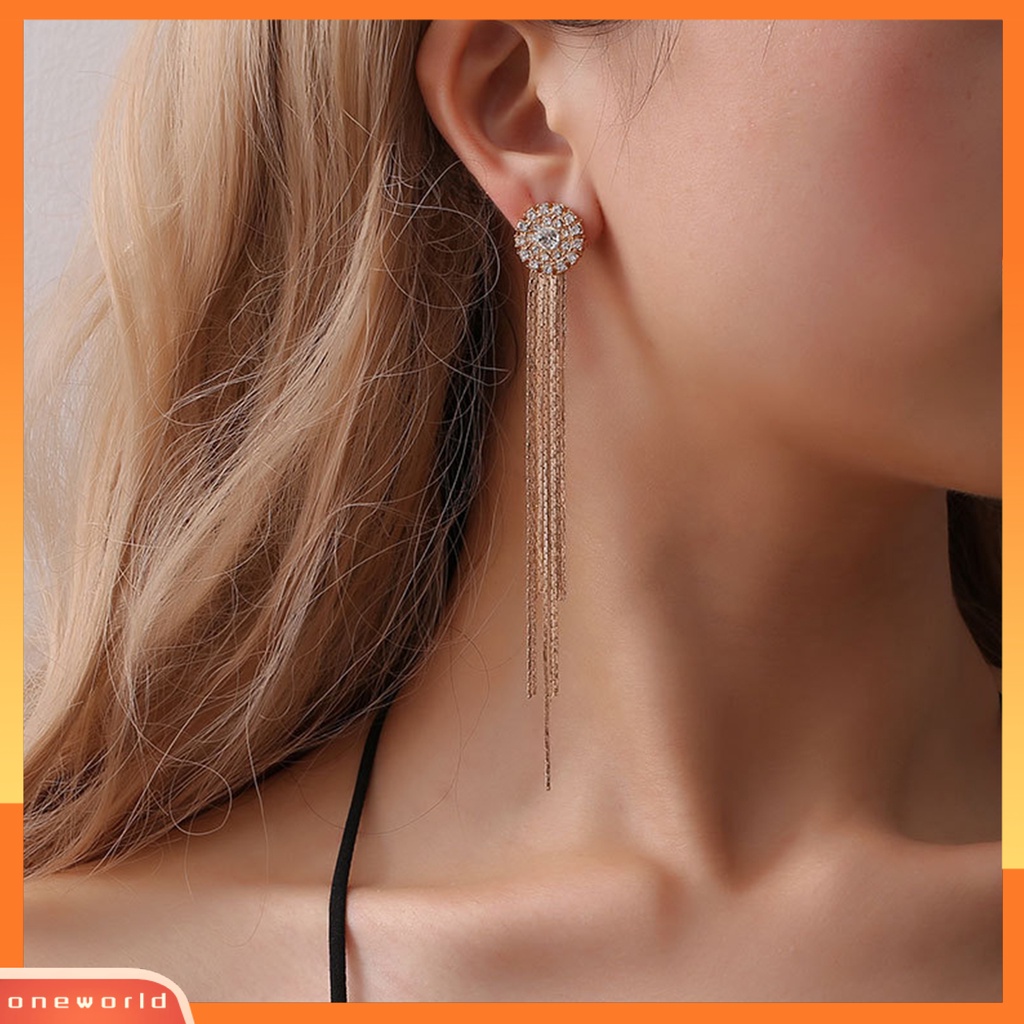 [EONE] 1pasang Wanita Anting Kristal Imitasi Bersinar Rumbai Electroplating Lurus Gantung Berdandan Aksesori Panjang Rumbai Menjuntai Anting Gantung Perlengkapan Kostum