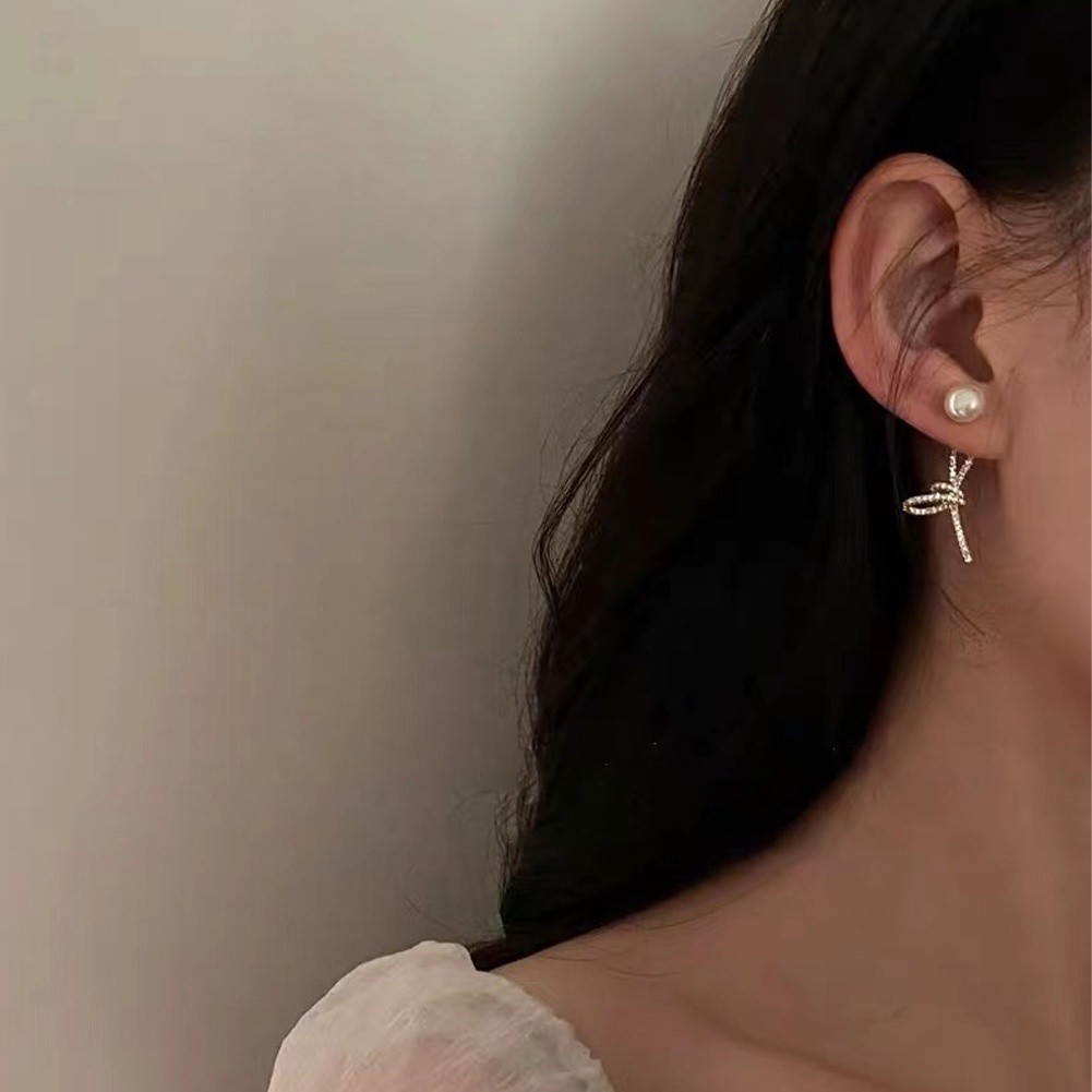 1pasang S925 Jarum Perak Korea Zirkon Anting Mutiara Untuk Wanita Gadis Temperamen Diikat Anting