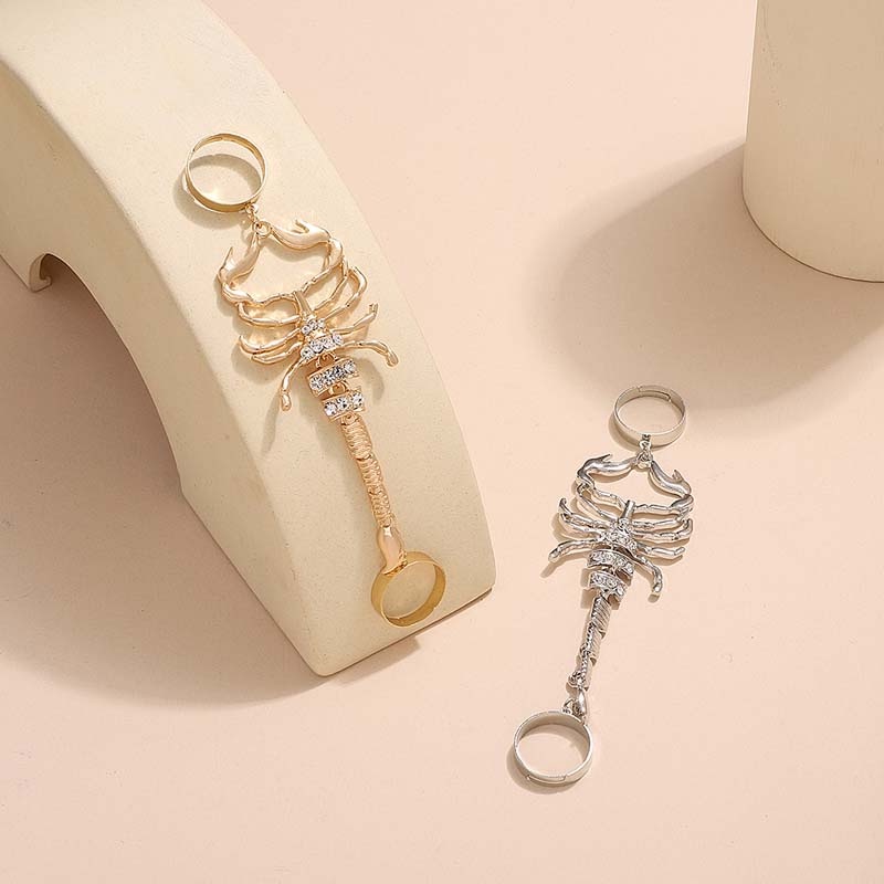 Punk Warna Emas Perak Berlebihan Rantai Kalajengking Cincin Jari Ganda Wanita Pria Retro Berlian Imitasi Pembukaan Adjustable Rings Perhiasan Pesta
