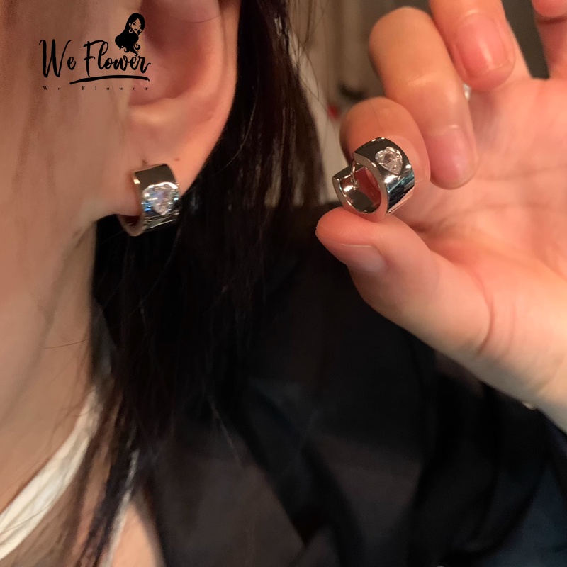 Kami Bunga Punk s925 Perak Bersinar Hati Zirkon Chunky Hoop Anting Untuk Wanita Perempuan Chic Geometris Tebal Lingkaran Bulat Anting-Anting Fashion Telinga Perhiasan