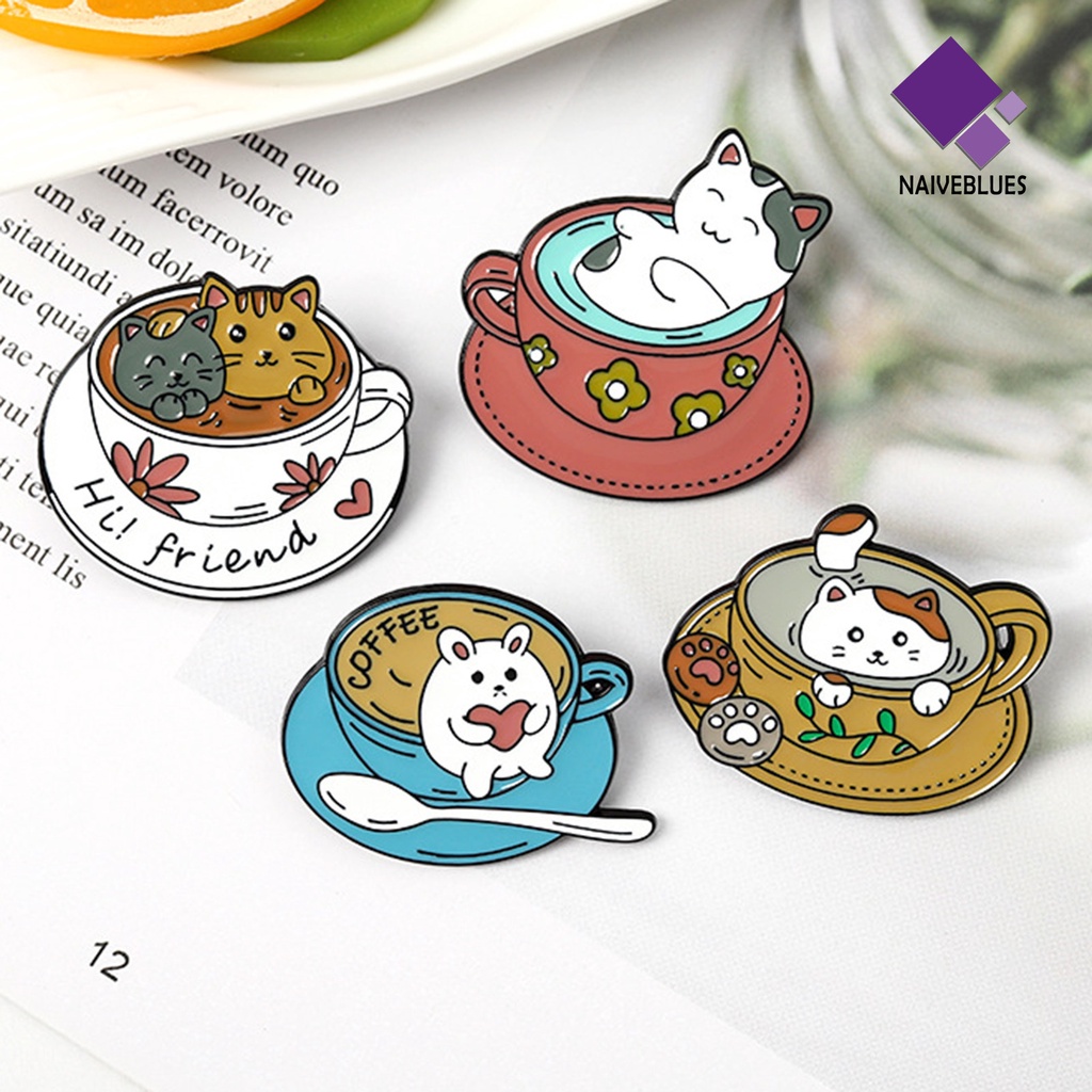 &lt; Naiveblues &gt; Kartun Kucing Cangkir Kopi Bros Tas Topi Enamel Cat Pin Lencana Hadiah