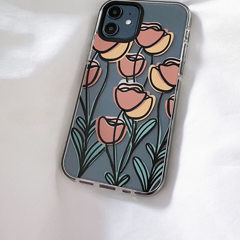 IPHONE Cover Casing Handphone Pelindung Vintage Doodle Tulip Transparan Lembut Untuk Iphone7 8 PLUS X XR Xs11 12 MINI PRO MAX