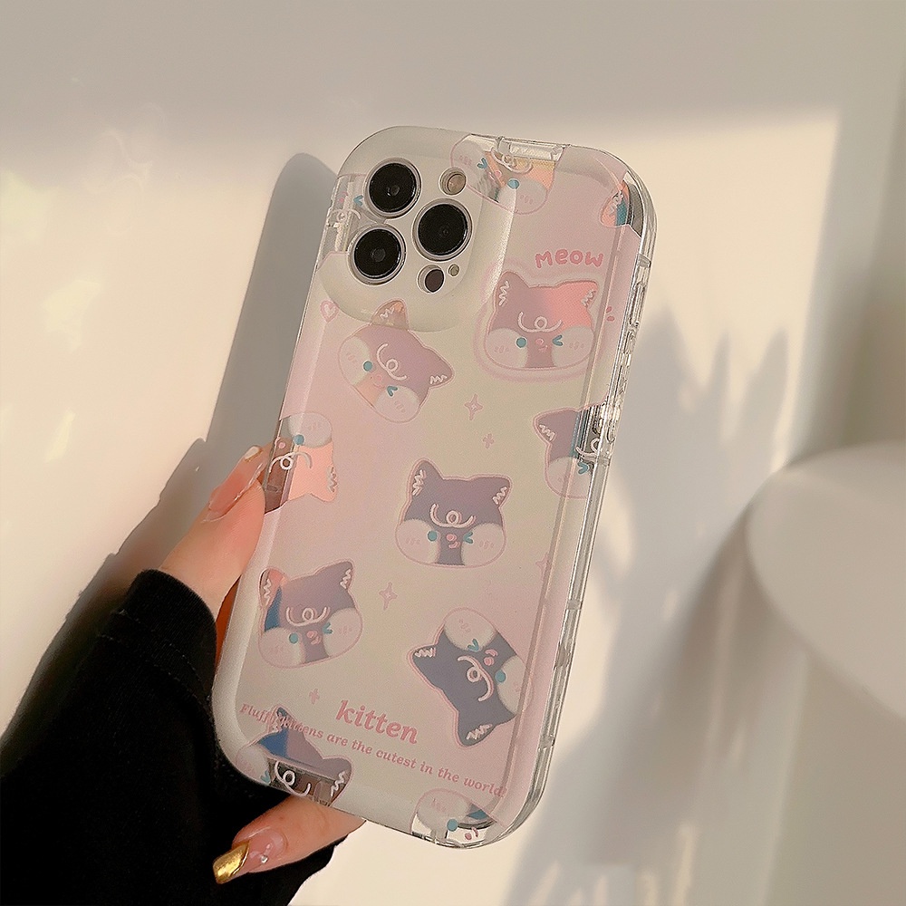 IPHONE Kartun Pink Wink Meow Meow Kucing Hollow Transparan Telepon Shockproof Case Cover Dengan Film Laser Untuk Iphone11 12 13 14 PLUS PRO MAX