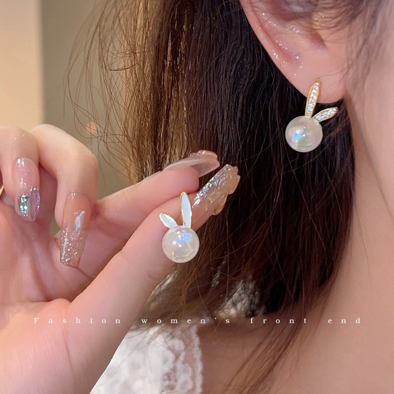 Sweet cute bunny sparkling diamond colorful pearl earrings Aksesoris Korea Wanita