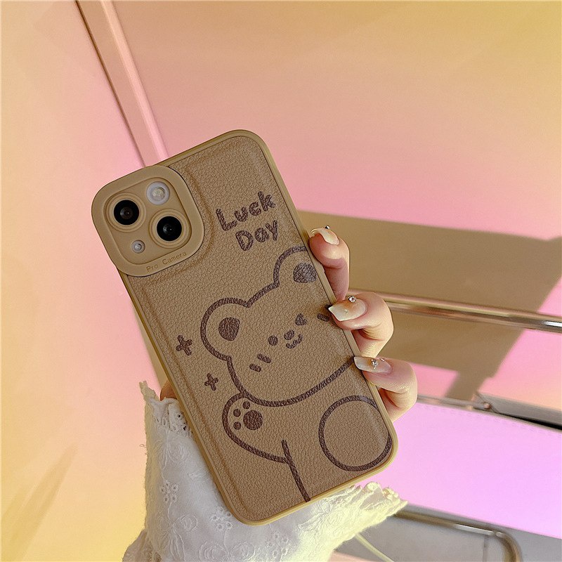 Leather Brown Little Bear Soft Silicon Case HP iP iPhone 7 8 14 + Plus SE 2020 X XS XR Max 11 12 13 Pro Max New FTD Casing Apple