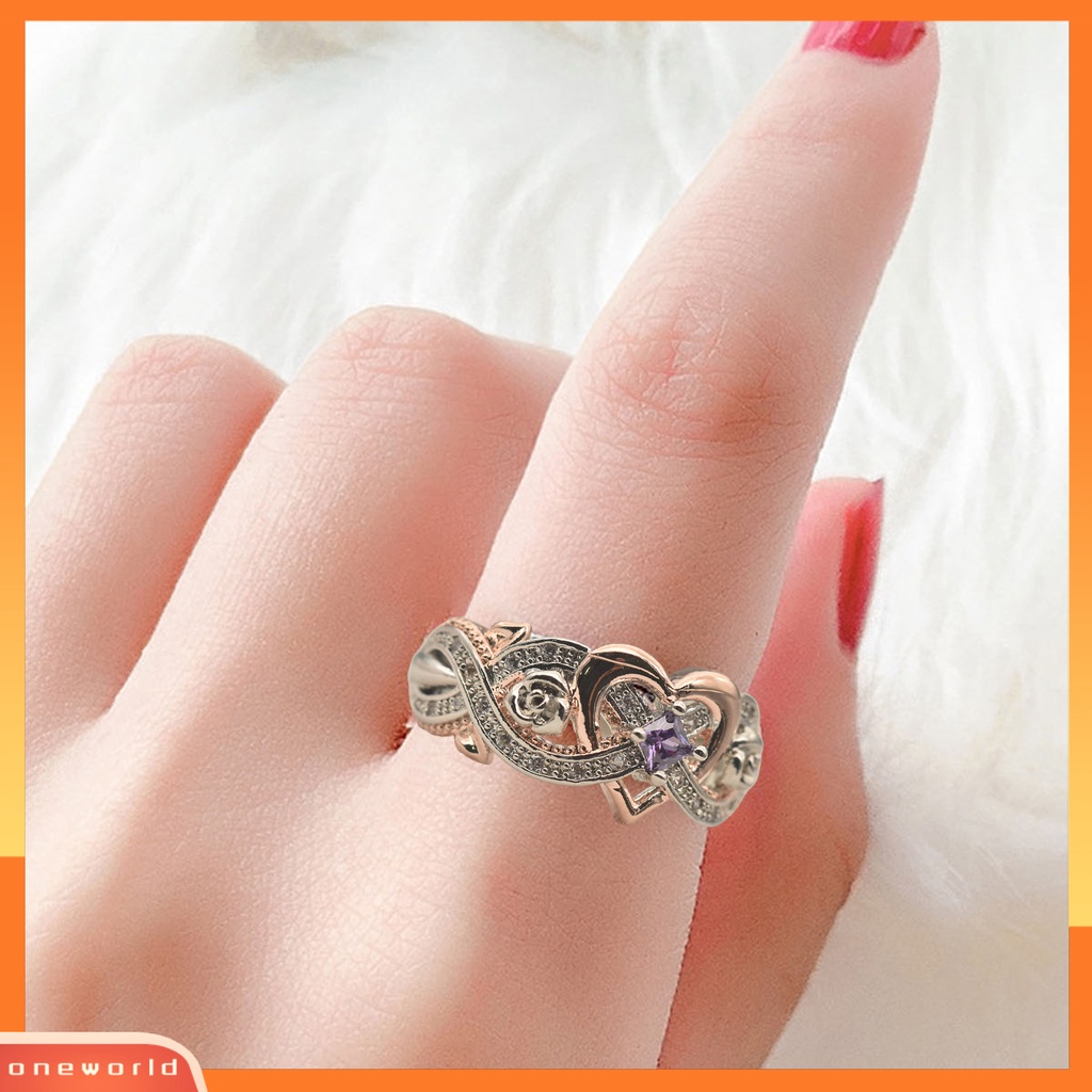 [EONE] Wanita Cincin Berlian Imitasi Mengkilap Hias Electroplating Geometris All-match Dekorasi Cubic Zirconia Desain Bunga Mawar Ladies Heart Ring Jewelry Untuk Pakaian Sehari-Hari