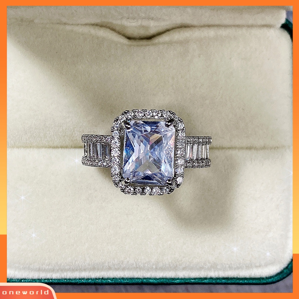 [EONE] Pernikahan Band Bersinar Persegi Berlian Imitasi Hypoallergenic Geometris Gaya Barat Hias Aksesori Bertatahkan Zirkon Lebar Band Cincin Wanita Perhiasan