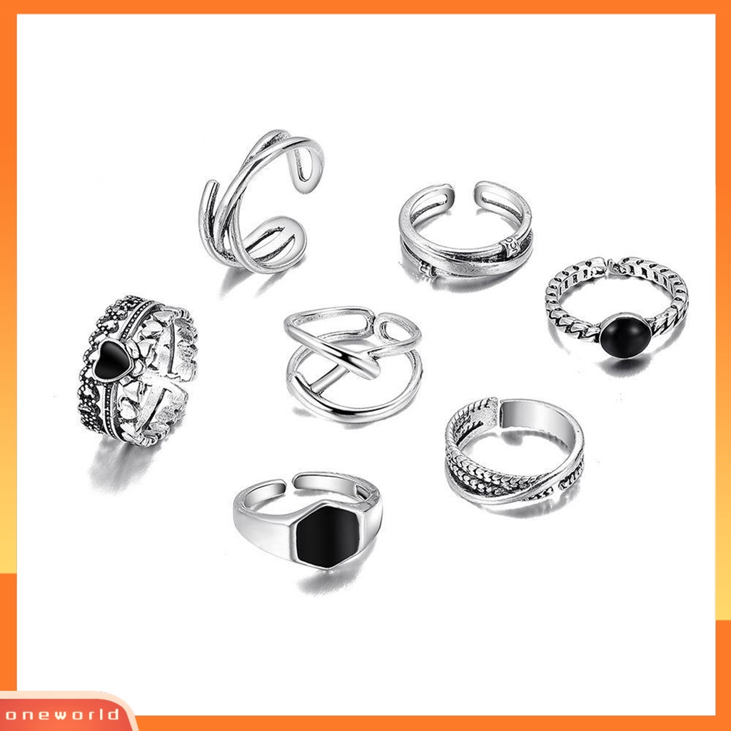 [EONE] 7pcs/set Wanita Cincin Punk Geometris Berlian Imitasi Hias Electroplating Terang Kilau Dekorasi Hadiah Wanita Cross Heart Knuckle Rings Trendy Perhiasan Untuk Pacaran