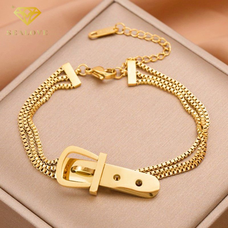 Gelang Titanium Wanita Anti Karat Gesper Sabuk Emas 18K Elegan Fashion Cantik Aksesoris Perhiasan COD