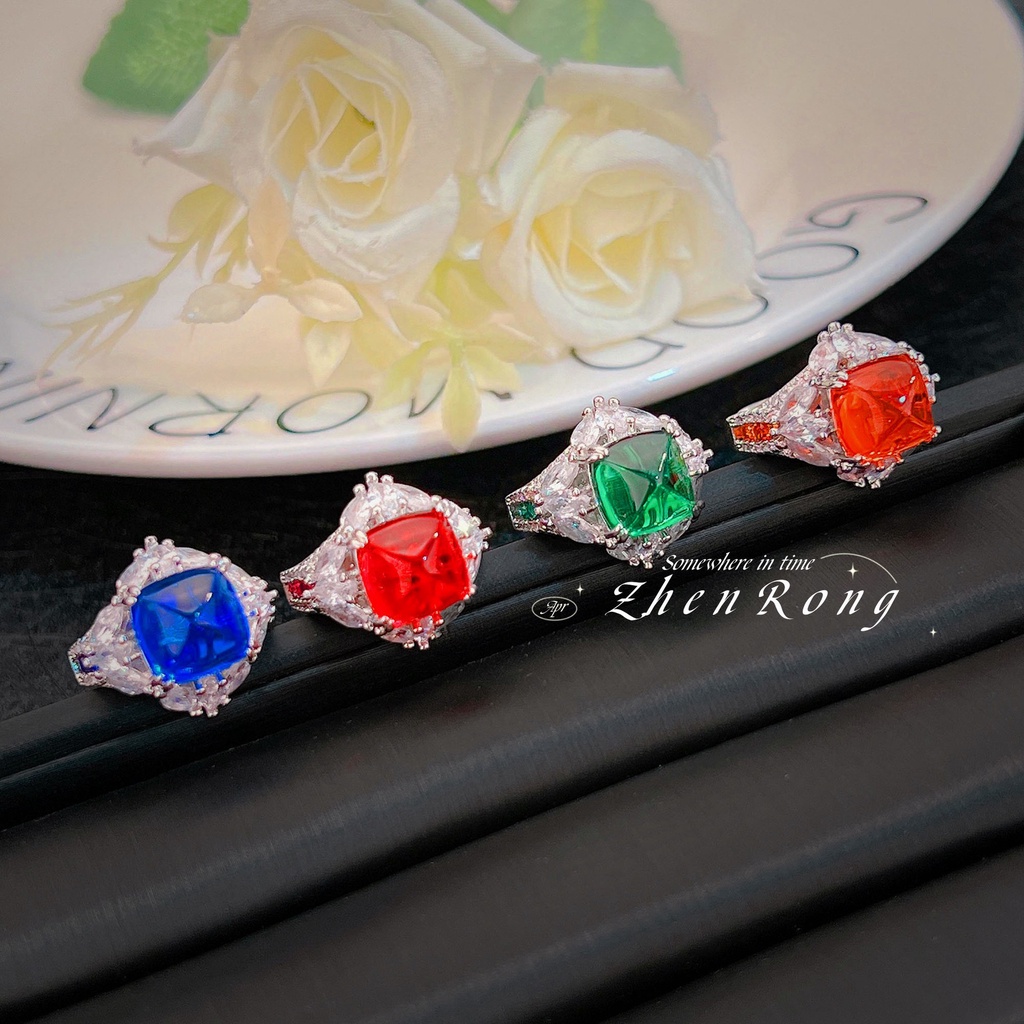 Goldkingdom Aksesoris Perhiasan Fashion Ready Stock Sederhana Menara Gula Set Anting Royal Biru Liontin Kalung Zamrud Cincin Ruby