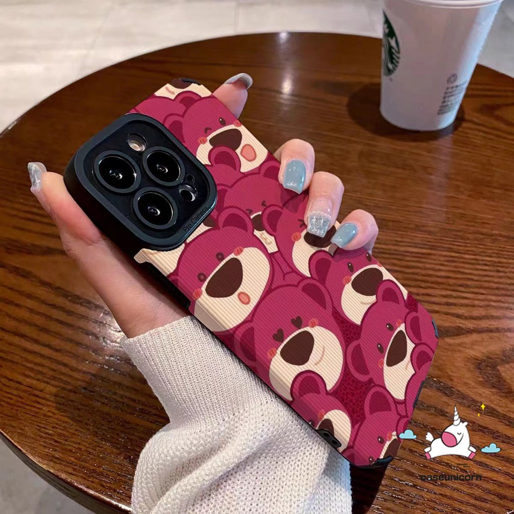 IPHONE Casing Ponsel Silikon Tekstur Kulit Mewah Lembut Kompatibel Untuk Iphone11 12 13 14 Pro Max7 8 Plus X XR XS MAX 7Plus Kartun Yang Indah Lucu Manyo Strawberry Bear Shockproof Cover
