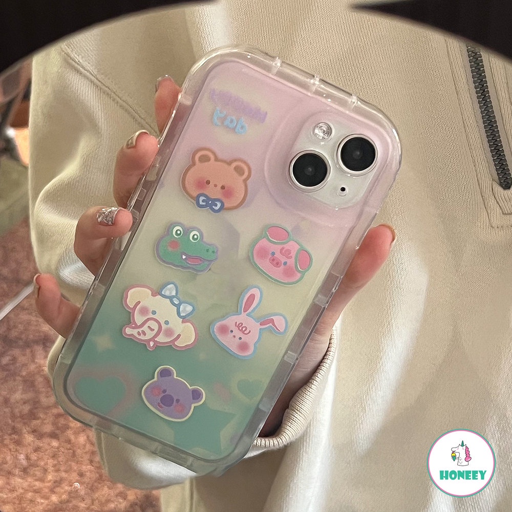 IPHONE Retro Happy Animal Zoo Gradien Casing Ponsel Shell Transparan Untuk Iphone14 13 12 11 Pro Max14 Plus Case Kartun Lucu Soft Cover