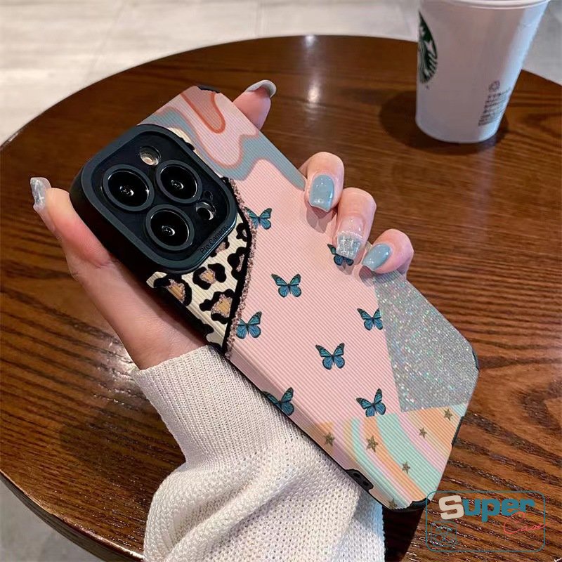Retro Kulit Butterfly Shockproof Phone Case Kompatibel Untuk iPhone Xr7 8 Plus13 11 12 14 Pro MAX X XS MAX 7Plus Tekstur Mewah Leopard Bling Jahitan Kontras Lembut Tpu Cover