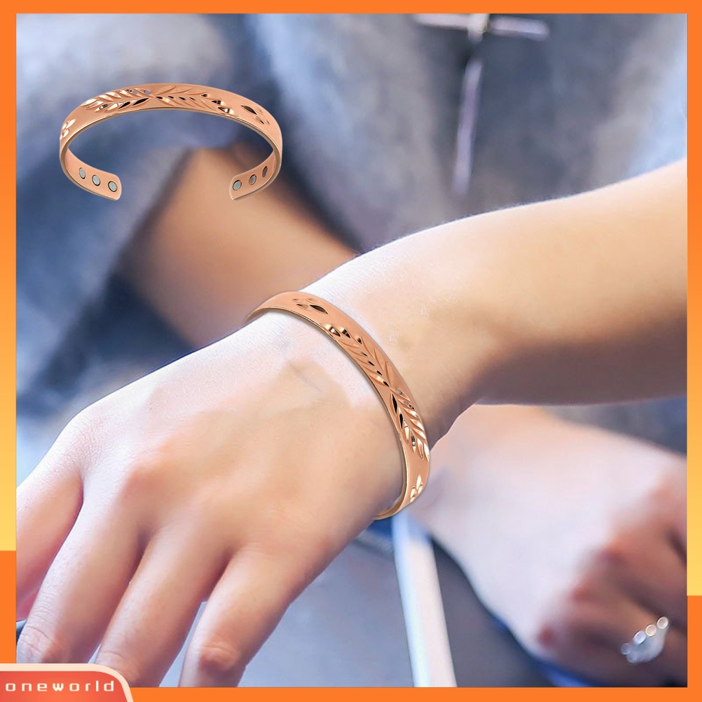 [ONE] Opening Bangle Adjustable Electroplating Lebar Elegan Dipoles Hadiah Rose Golden Color Pria Wanita Motif Daun Cuff Gelang Untuk Harian