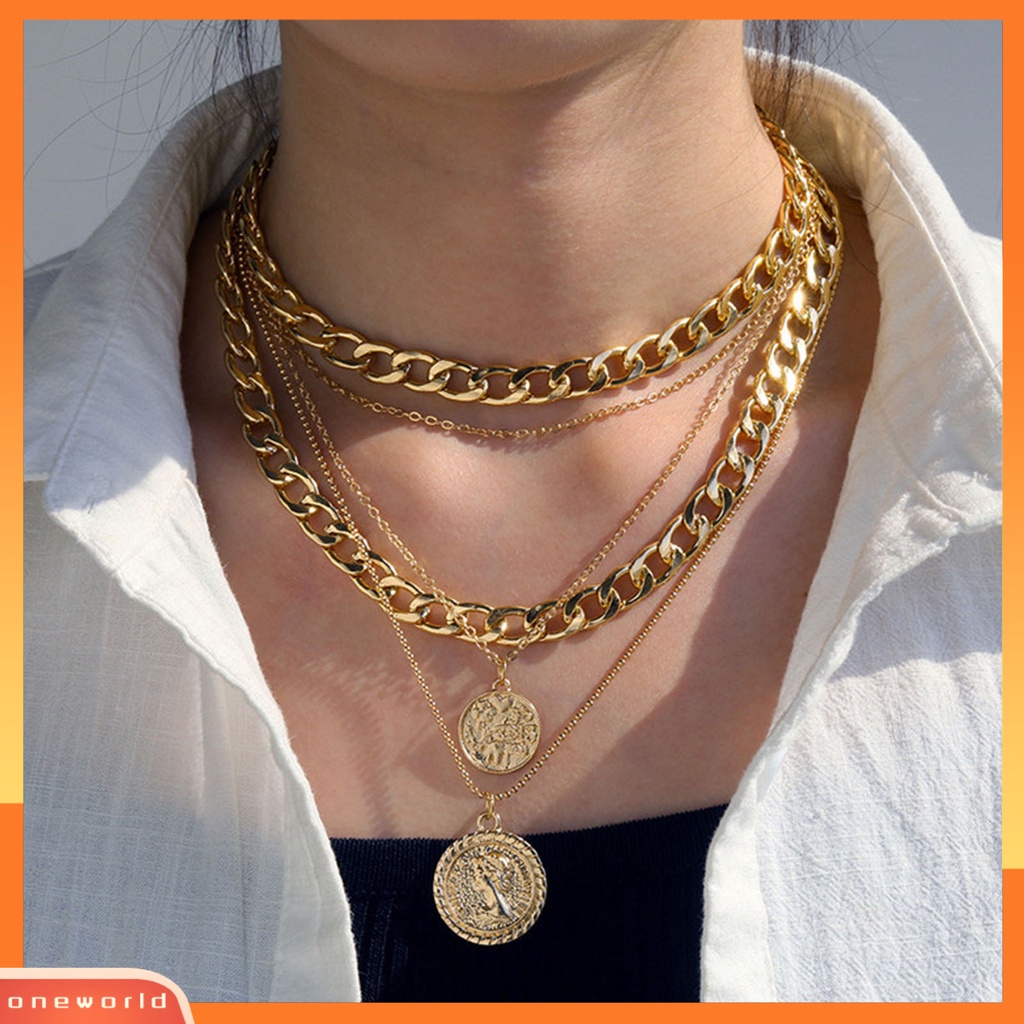 [EONE] Wanita Kalung Multilayer Liontin Perhiasan Electroplating Cuban Chain Necklace Untuk Club