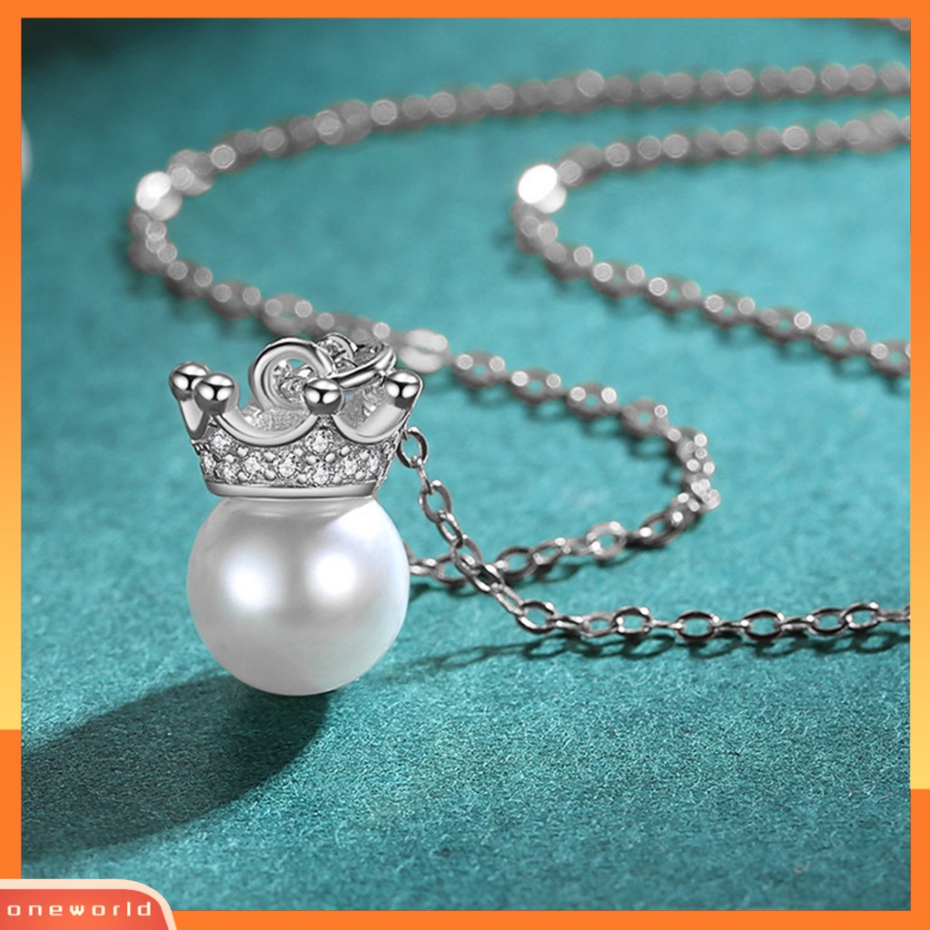 [EONE] Rantai Klavikula Bentuk Mahkota Bersinar Liontin Mutiara Imitasi Finishing Terang Anti Karat Berdandan Colorfast Bulat Liontin Kalung Aksesori Pakaian