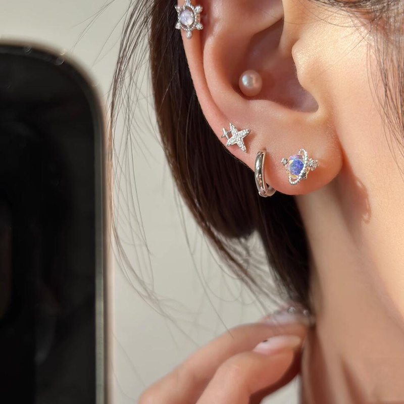 Roselife Keren Manis S925 Perak Biru Pink Kristal Hati Beruang Bintang Stud Anting-Anting Untuk Wanita Perempuan Korea Double-end Screw Earring Ear Cartilage Piercing Ear Jewelry Accessories 1pc