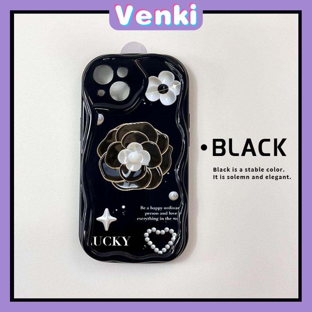 VENKI - For iPhone 11 iPhone Case 3D Curved Edge Wave Glossy Black TPU Airbag Shockproof Camera Cover Luxury Camellia Compatible with iPhone 14 13 Pro max 12 Pro Max xr xs max 7 8