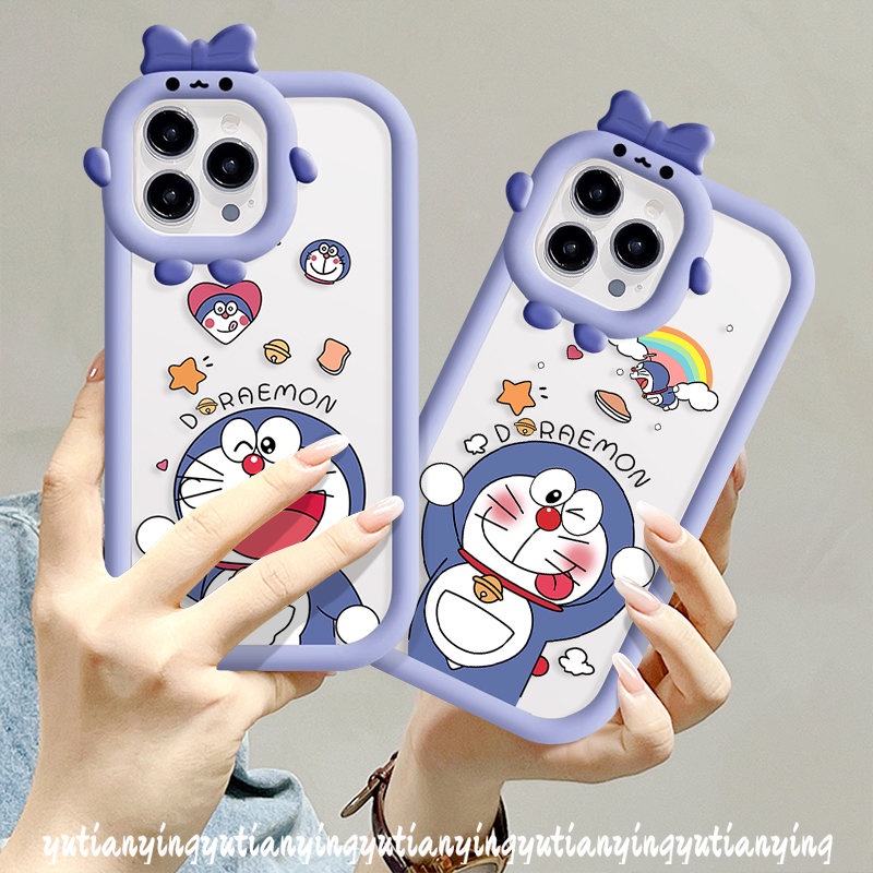 Case Doraemon Kartun Untuk Oppo A57 A17 A77s A77 A95 A16 A17K A96 A54 A76 A74 A7 A16K A55 A3s A53 A5 A5s A15 A12 A31 A52 A16E A9 Reno 57z Cute 3D Ikatan Simpul Little Monster Lens Cover