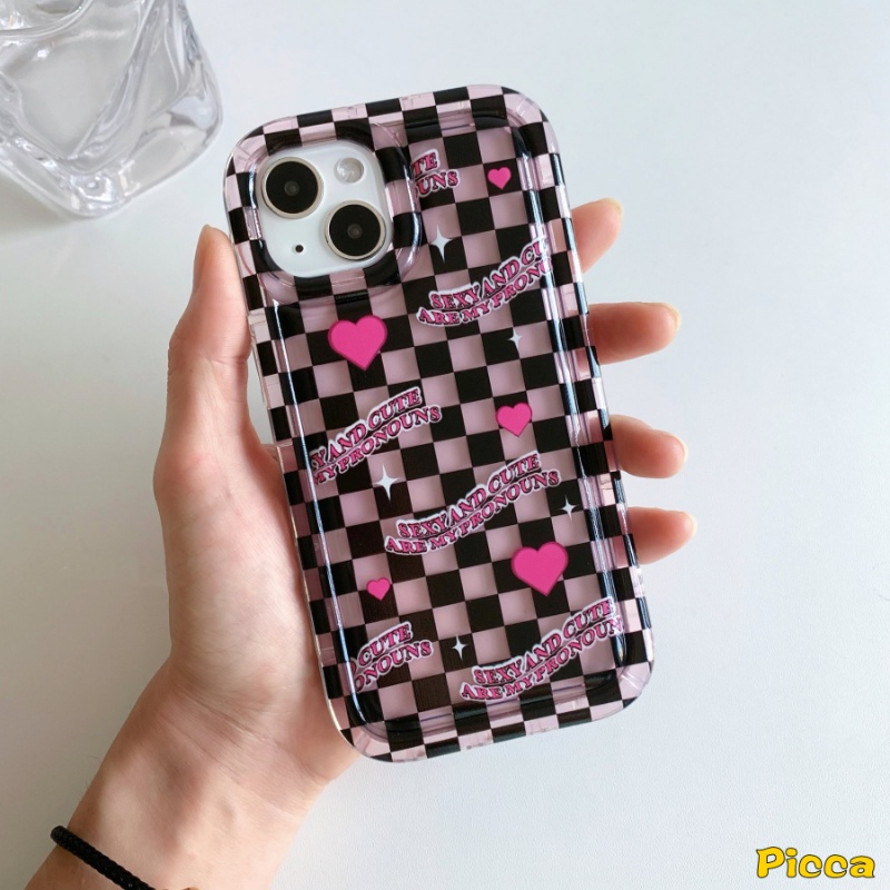 Cinta Hati Kotak-Kotak Pola Tidak Teratur Case Kompatibel Untuk IPhone 7Plus XR 11 14 13 12 Pro MAX 6 6S Plus X XS MAX Lembut Tpu Shockproof Airbag Phone Cover Dengan Gelang