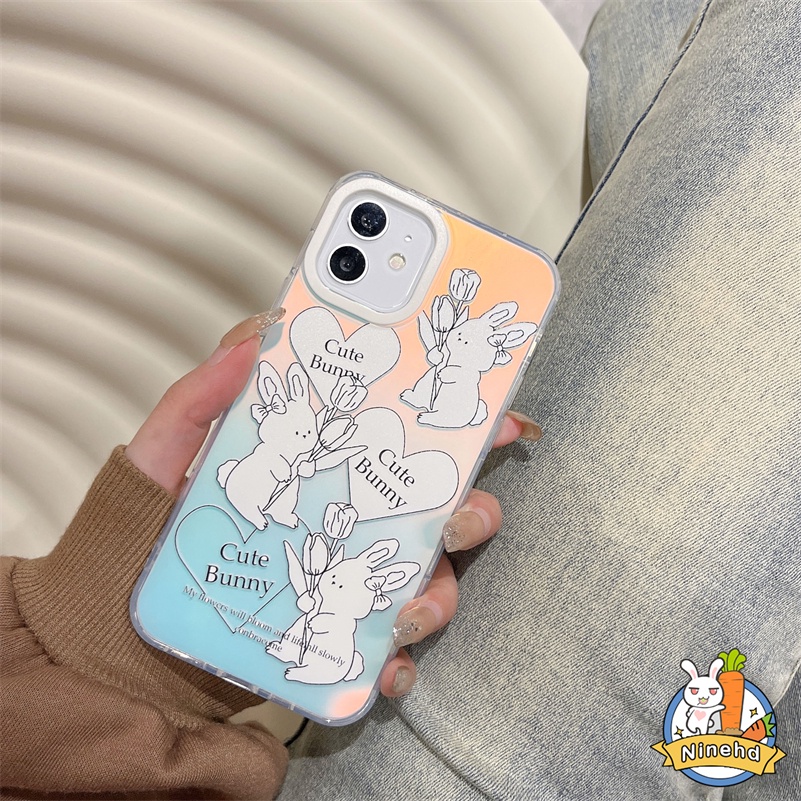 IPHONE Ins Gradien Casing Laser Kompatibel Untuk Iphone14 13 12 11 Pro Max X Xr Xs Max 8 7 6 Plus SE 2020 Kreatif Lukisan Kelinci Shockproof Phone Case Tepi Lurus Akrilik Hard Case