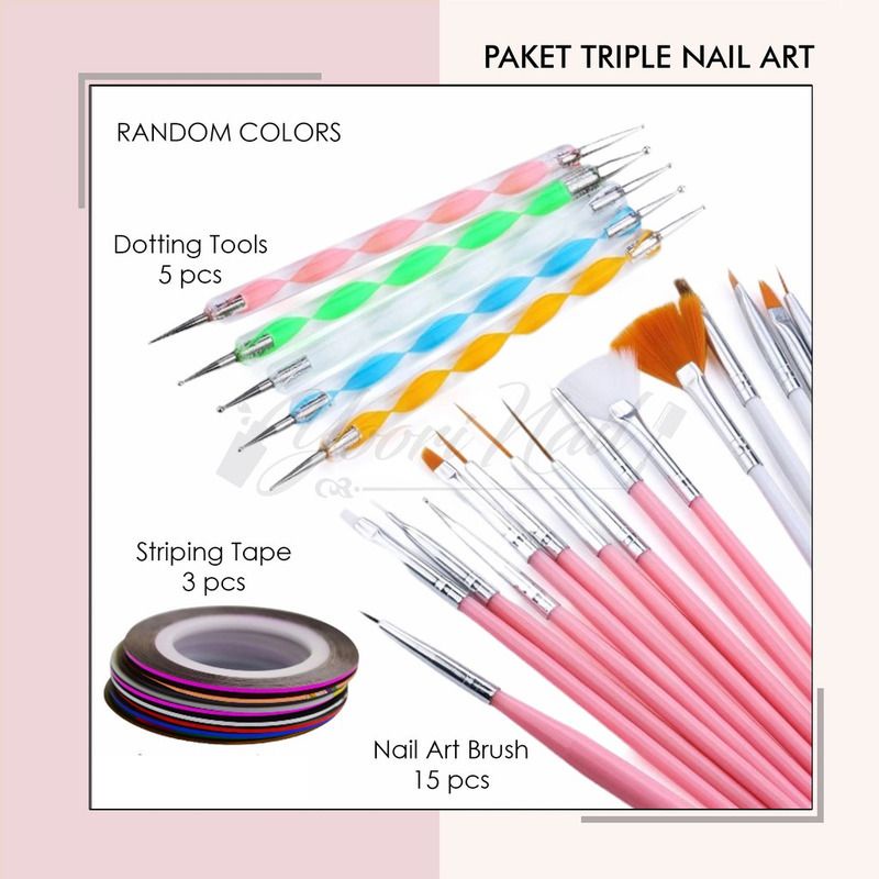 Paket triple nail art kuas nail brush dotting tools striping tape 3pcs paket hemat