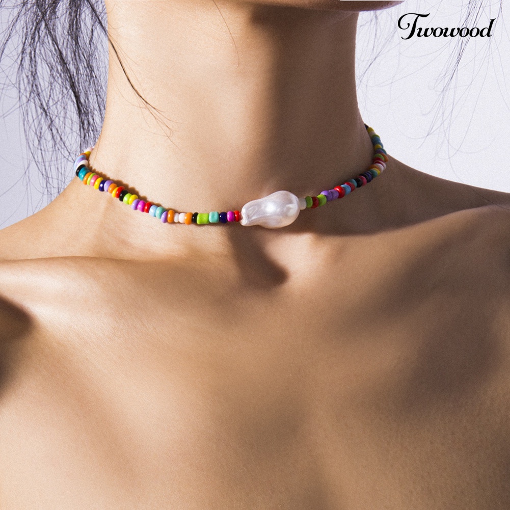 Twowood Bohemian Musim Panas Pantai Wanita Tidak Teratur Mutiara Imitasi Warna-Warni Manik-Manik Choker Kalung