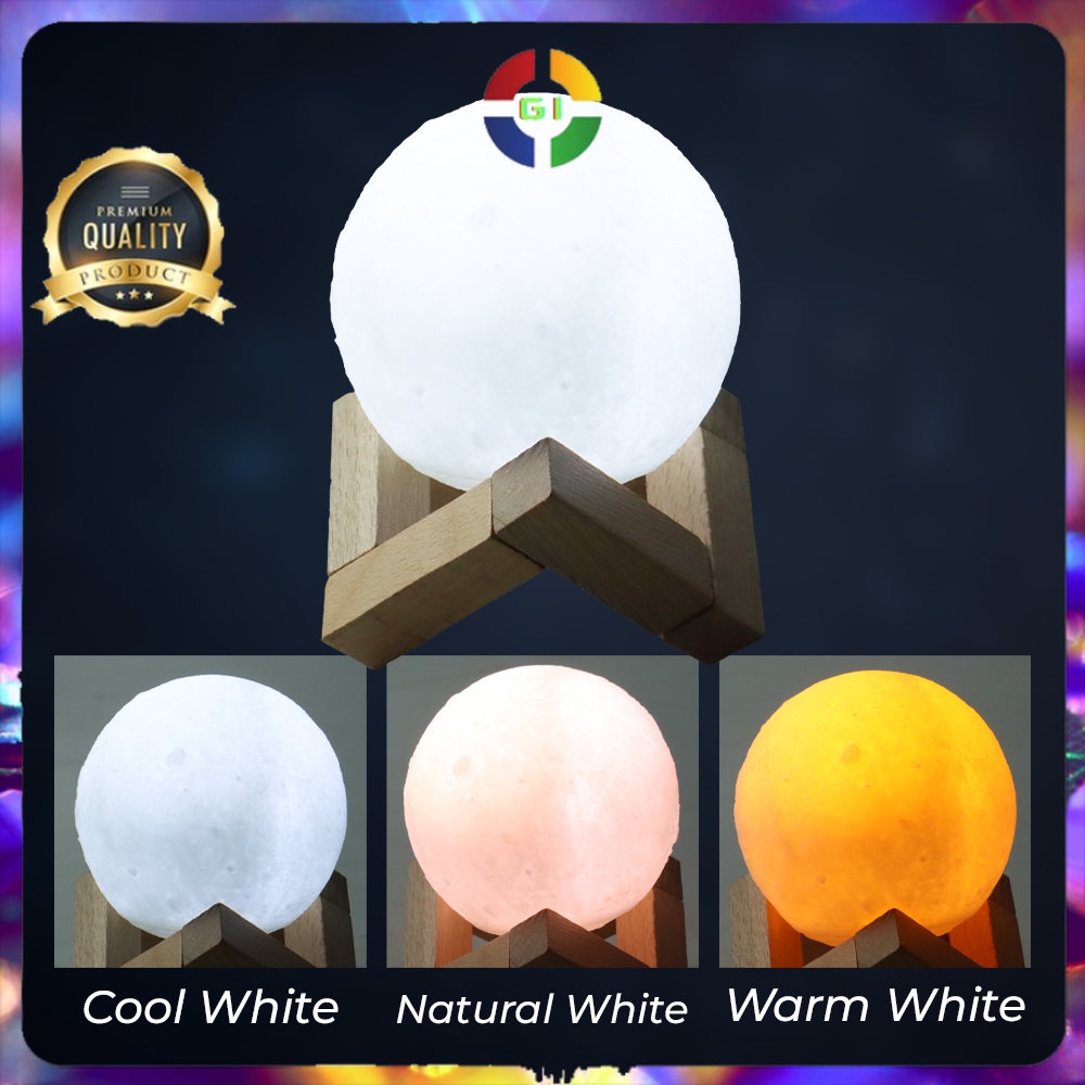 Lampu Tidur Bulan 3D Moon Night Light Lamp 3 Color 8cm 0.5W 5V White