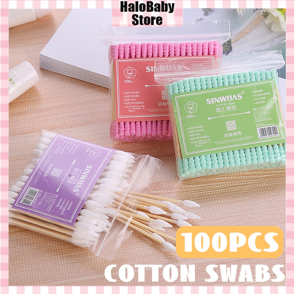 Halo Baby 100Pcs/Set Cotton Buds/Cotton Swabs Pack Baby Berwarna Ganda-Spiral Ujung Kapas/Cotton Swab/Sanitary Cotton Swab