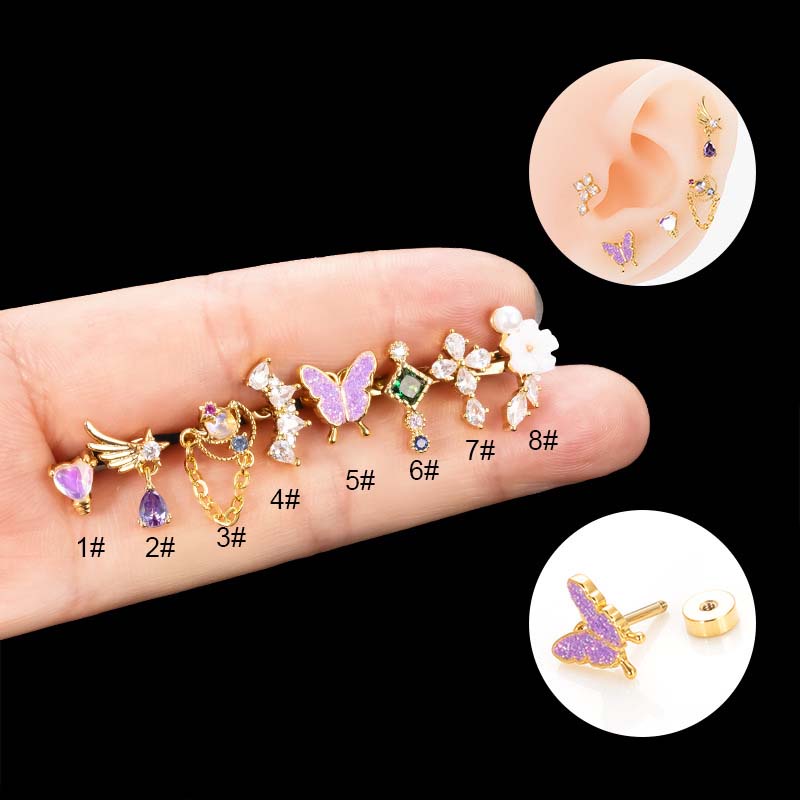 1biji Butterfly Flower Wing Cross Cartilage Stud Earring Helix Tragus Piercing 20Gauge Stainless Steel Dengan Zircon