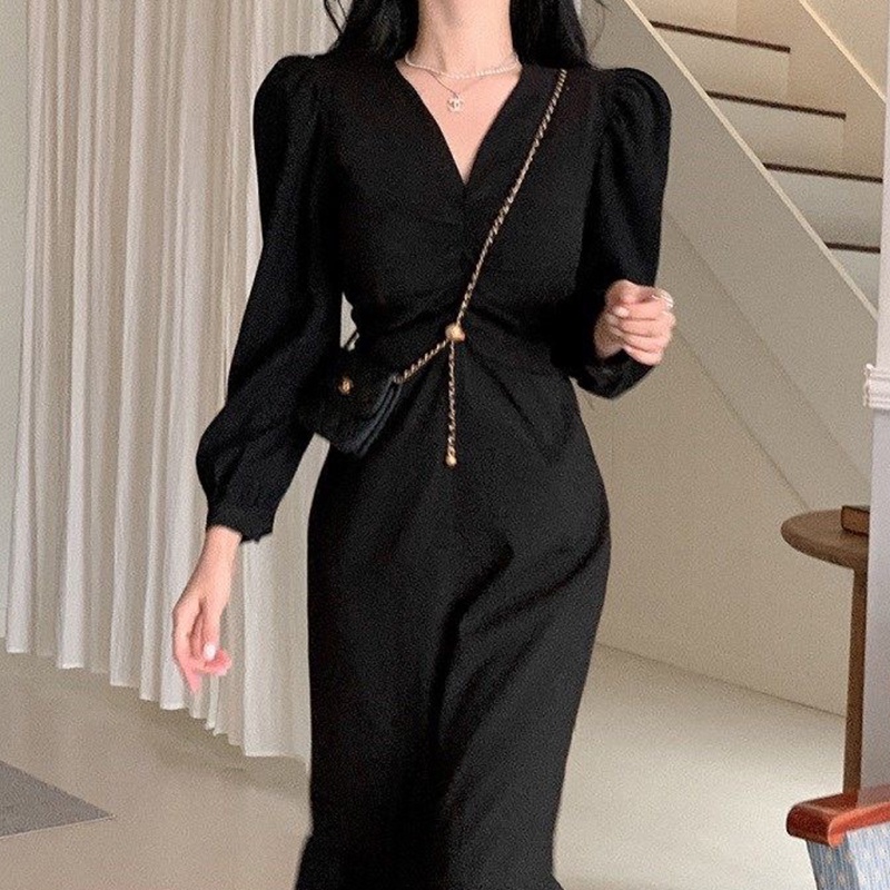 AIMEI Korea chic elegant V-neck pleated waist bubble sleeve long dresses women