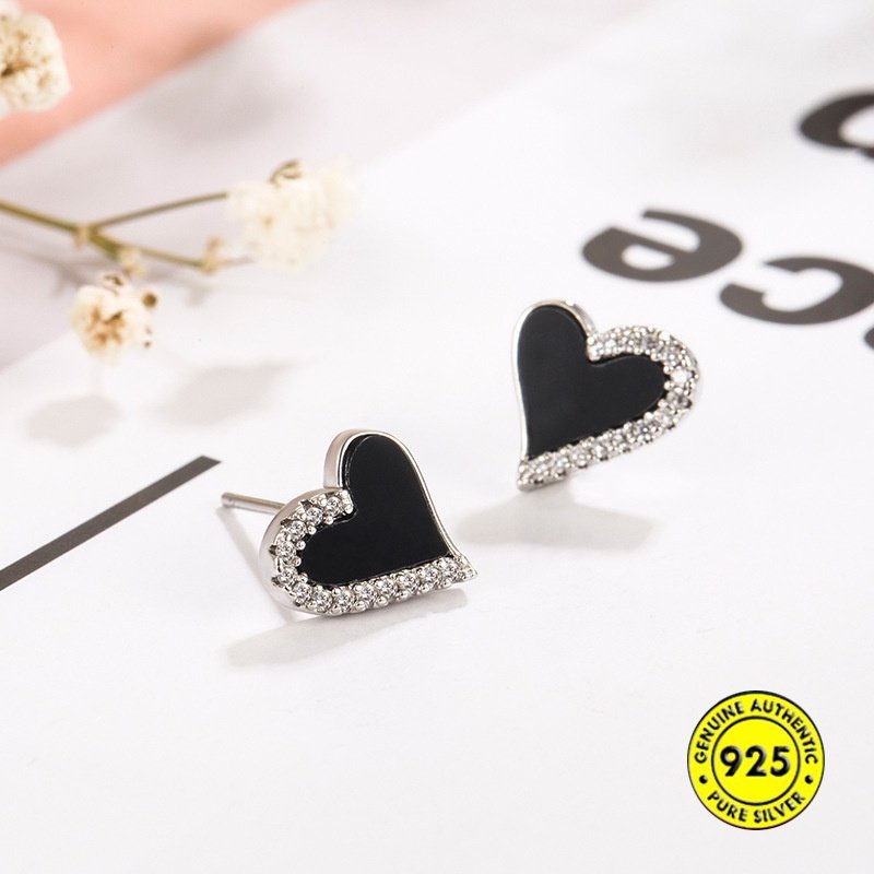 S925 Perak Manis Keren Hitam Bentuk Hati Dengan Berlian Stud Earrings Sederhana Canggih Halus Anting U1811